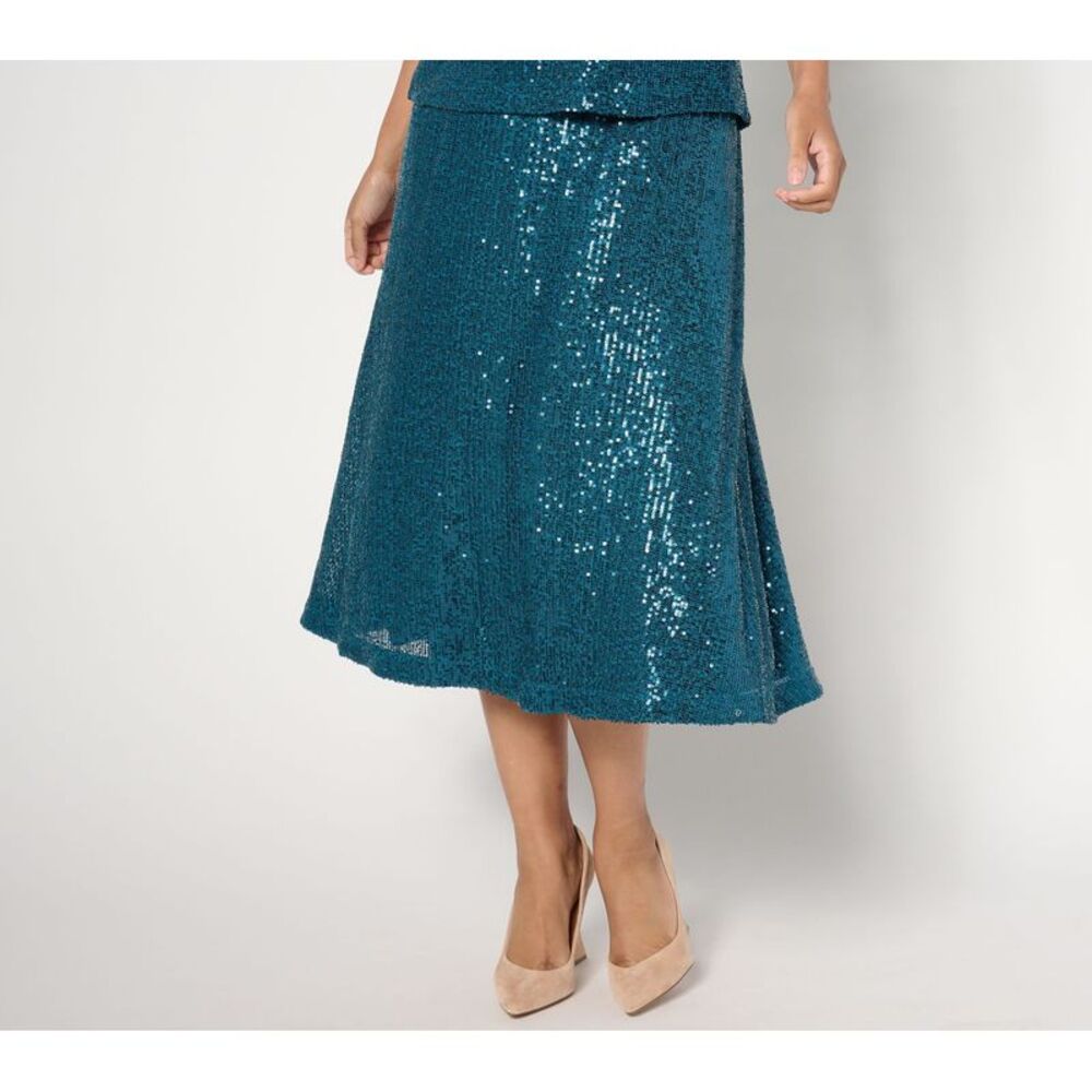 Isaac Mizrahi Live! Women's Plus Sz Skirt 2X Always Knit Sequin Midi Blue